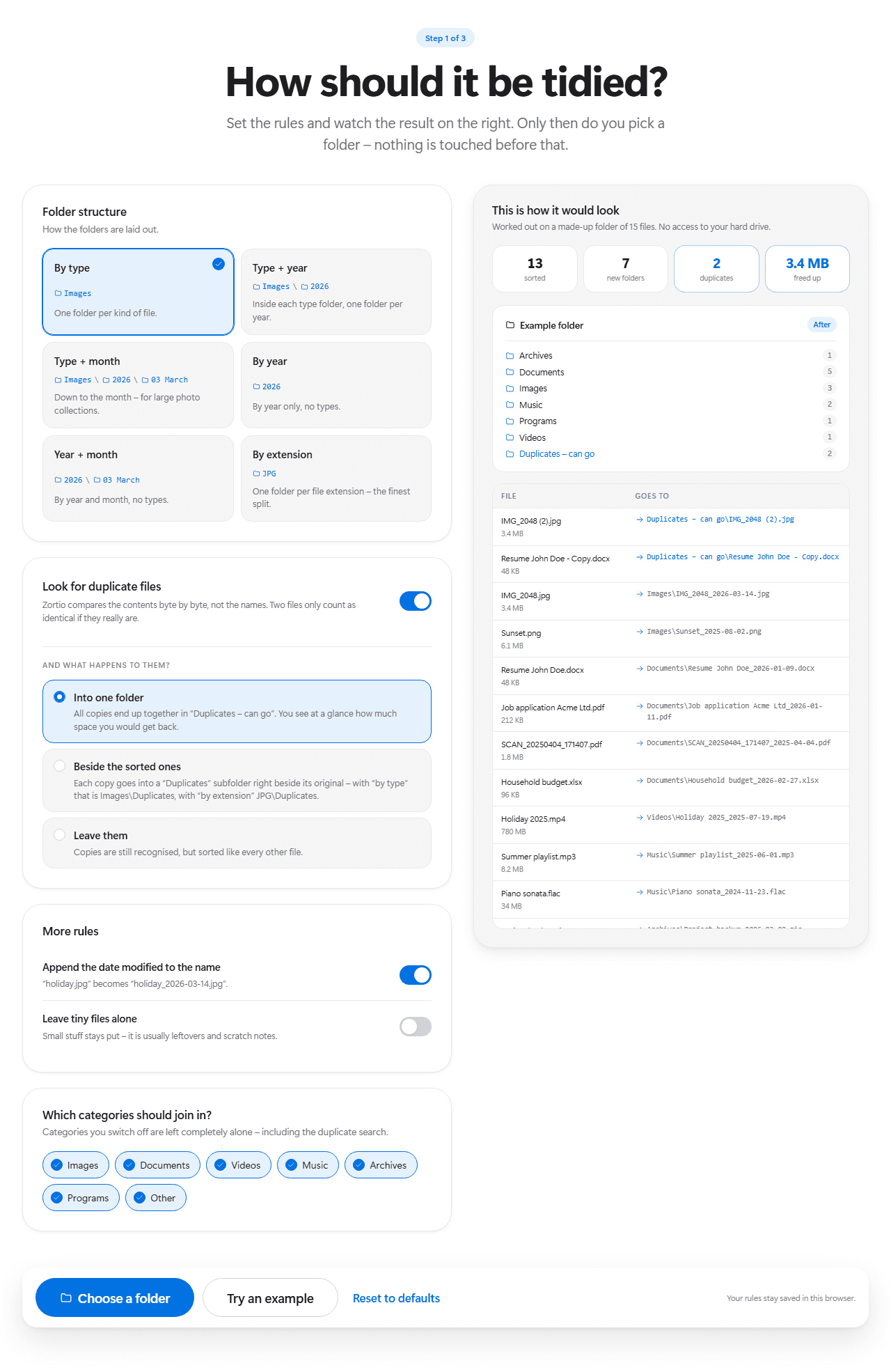 The Zortio settings screen with the choice between by type, type and year, and by date, plus switches for the date suffix, duplicate detection and tiny files.