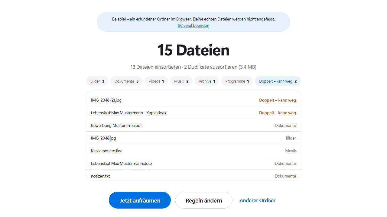 Zortio im Browser: eine Vorschau mit 18 Dateien, davon 2 Duplikate, aufgeteilt auf Bilder, Dokumente, Videos, Musik, Archive und Programme.
